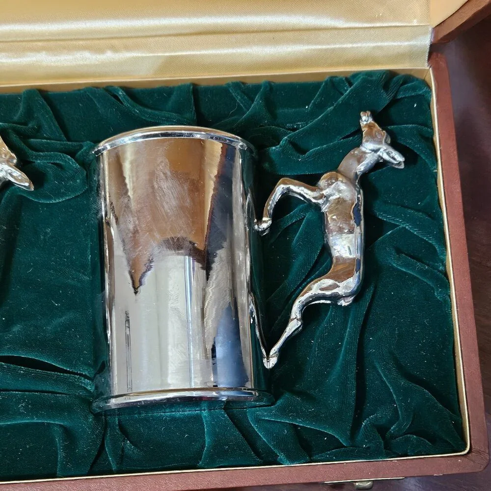 2 LUXURY VINTAGE RARE ESTATE GUCCI TANKARD SILVER PLATE DEER BEER STEIN CUP MUG